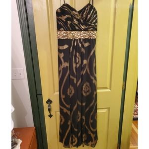 Black and Gold Strapless Betsy & Adam Formal Dress